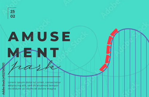 Roller coaster in amusement park banner. Horizontal layout with carnival rides, summer vibe and thrill ride theme. Perfect for posters or flyers. Minimal style blue flat vector illustration