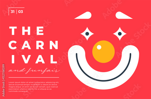 Purim carnival poster with clown mask and costume party vibe. Horizontal playful geometric layout with festive mood. Ideal for banners, flyers or invitations. Minimal flat vector illustration.