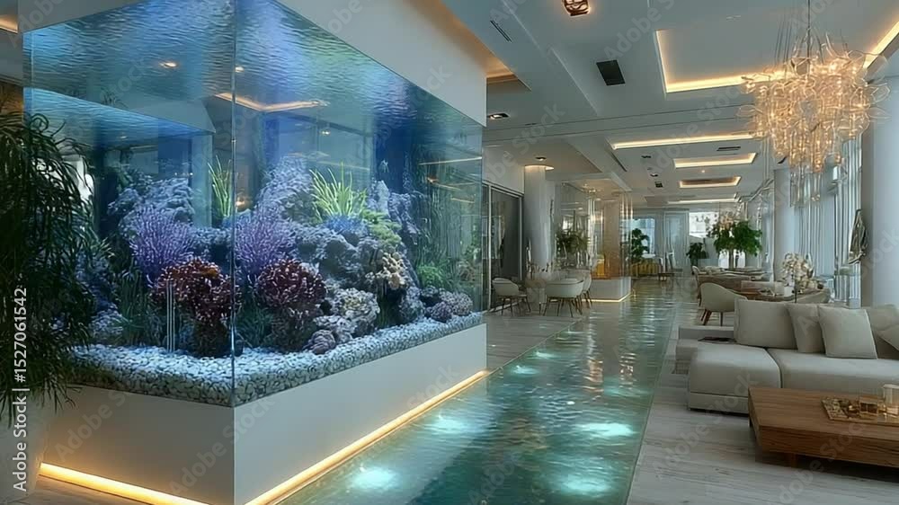 Luxury hotel lobby with large aquarium and decorative water features create modern elegance