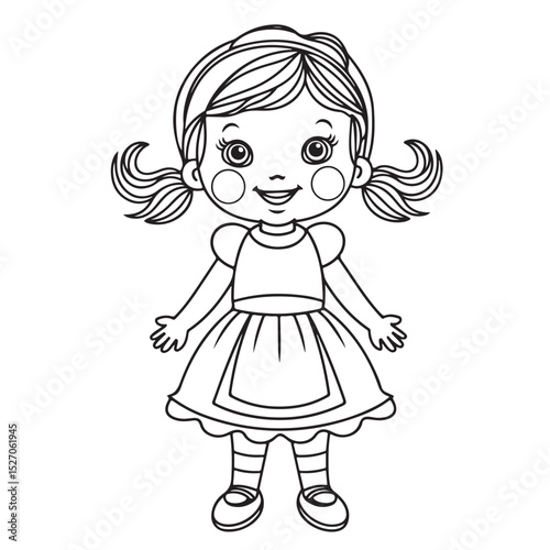 Cute Little Girl in Dress Line Drawing – Black and White Cartoon Illustration for Coloring Pages