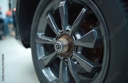 Close-up car wheel, tire. Gray alloy rim, shiny metal hub, tire rubber. Automotive part, vehicle repair, car service. Focus on wheel axle, brake disc. Maintenance tech concept. photo