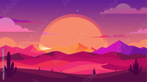 As the sun began to set the desert sky transformed into a canvas of vibrant pinks oranges and purples providing a picturesque backdrop for the workers final tasks of the day.. Vector illustration