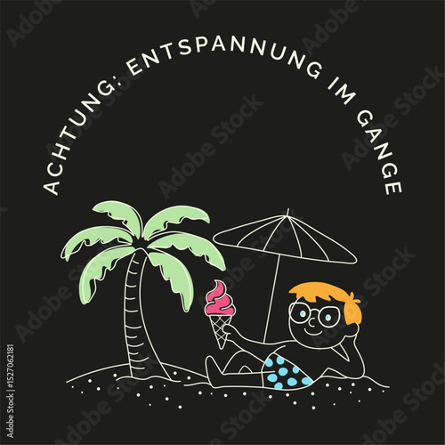 Funny beach line art with German text – vacation vector for t-shirts