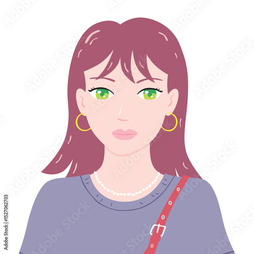 Stylish girl with green eyes wearing a gray t-shirt and holding a red shoulder bag flat design portrait isolated vector illustration