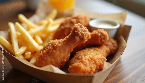 Golden crispy fried chicken drumsticks with french fries, dipping sauce on wooden table. Take out dinner, fast food meal. Tasty, juicy, hot, hearty food. Serve, dine, take away lunch or dinner. photo