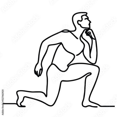 Curiosity: man in theatrical artistic pose drawn with single continuous line — minimalist sketch conveying emotion through simplicity.