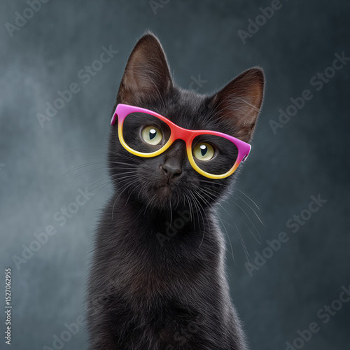 Black cat wearing colorful glasses looking curious on dark background.