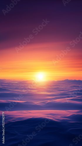 Colorful sunset over snowy mountain landscape with gentle light gradients.