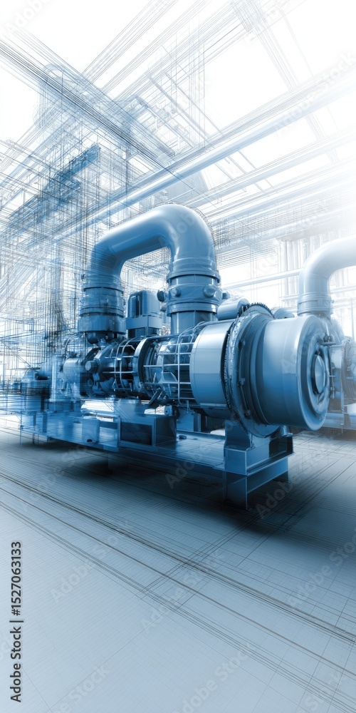 Fototapeta premium Machinery showcases advanced industrial design, featuring intricate components and piping. This setup highlights engineering innovation in a contemporary workspace