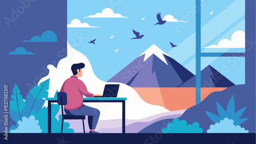 The gentle hum of birdsong as I sit at my desk working on my laptop with the cool mountain breeze blowing through the open windows.. Vector illustration
