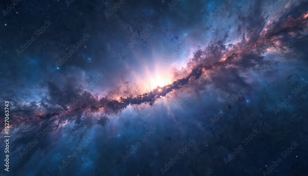 Fototapeta premium Stunning 360 degree equirectangular projection space background with nebula and stars. HDRI spherical panorama environment map. Explore cosmic universe. Galaxy, astral space.