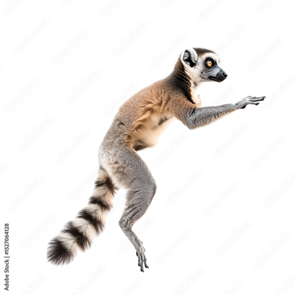 Obraz premium Side view of a lemur mid-jump between trees with extended limbs and detailed fur, isolated on a white solid background, perfect for wildlife visuals, motion studies, and educational content