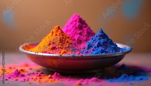 Vibrant holi powder piles stacked in plate, colorful pink orange blue display. Symbolic of joy, colors fun, cheerful, ethnic heritage. Indian artistic texture tradition of celebration. Bright festive