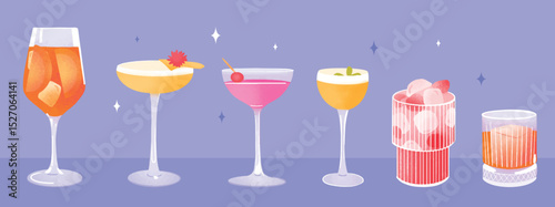 Colorful collection of cocktails in different glasses on a purple background. Modern flat illustration of alcoholic drinks with ice, fruit garnishes, and decorations. Party and bar concept