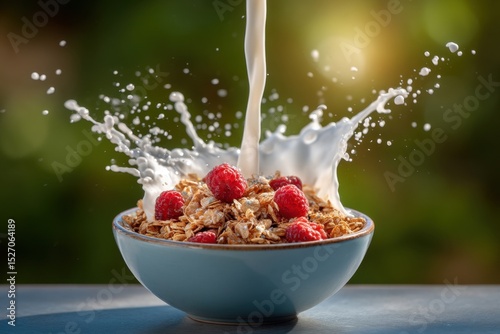 Granola cereal topped with fresh raspberries awaits a pouring of milk. The liquid cascades into the bowl, creating a lively splash, illuminated by warm sunlight in the background.