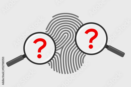 Fingerprint and magnifying glasses with red question marks