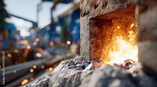 Molten metal glows inside a furnace as workers engage in metal production at a manufacturing site. Bright sparks fly, highlighting the intense atmosphere and complexity of the industrial process.