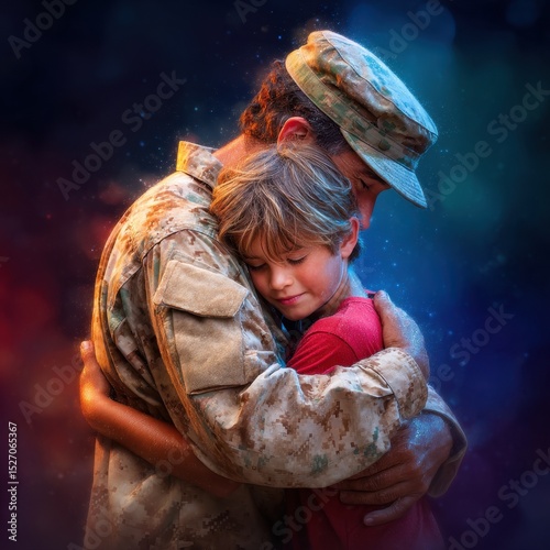 A soldier in camouflage embraces a young child, portraying a heartwarming reunion marked by love and emotion. The background displays soft colors that enhance the sentiment of the moment.