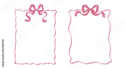 Whimsical wedding frames. Hand drawn coquette borders with ribbon and bow in simple crayon and sketch style. Trendy art for bachelorette party and wedding invitations. Doodle vector illustration
