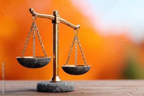 A brass scale stands prominently on a wooden surface, symbolizing justice. The vibrant autumn foliage in the background adds color and depth to this representation of balance and fairness in society.