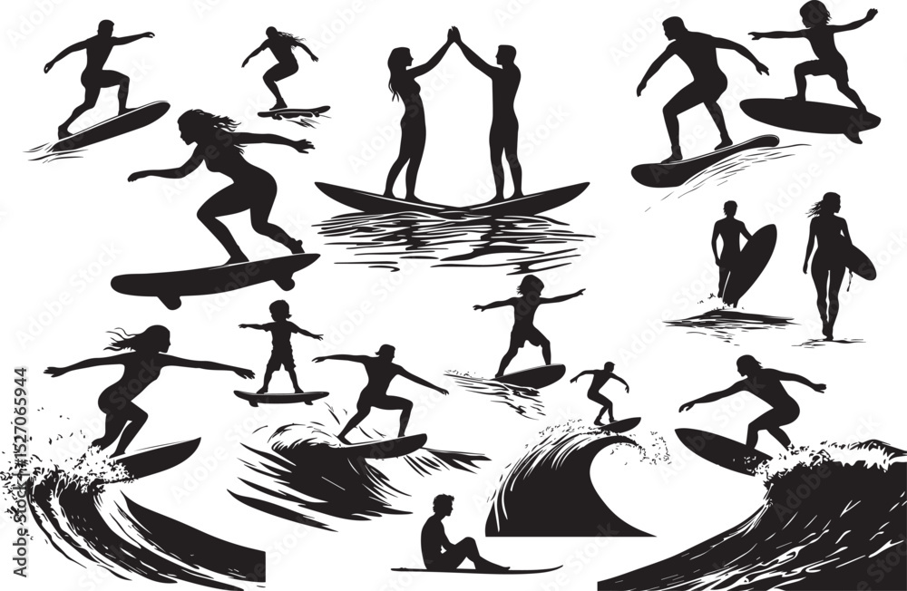 Obraz premium Silhouettes of Surfing Surfers Enjoying the Waves
