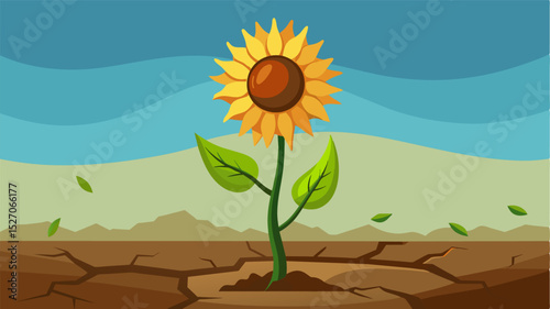 A sunscorched earth cracked and devoid of life except for a resilient sunflower rising from the ground symbolizing resilience in the face of climate change.. Vector illustration