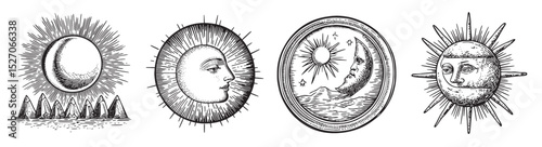 Vintage Celestial Illustrations of Moon and Sun Faces in Black and White, logo design, engraving design, vector illustration