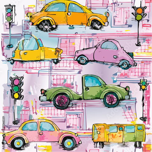 Cartoon cars in bright watercolor tones with playful city backgrounds.