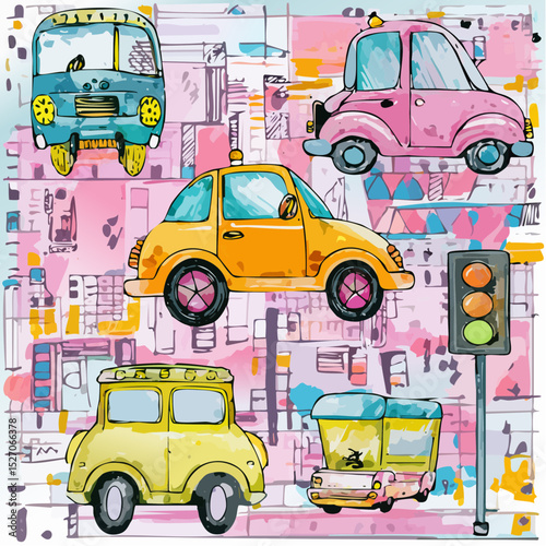 Cartoon cars in bright watercolor tones with playful city backgrounds.