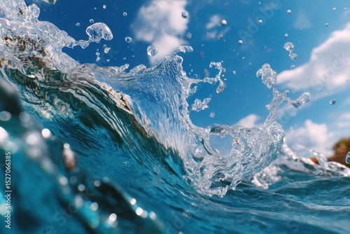 Water splashes create sparkling droplets as waves crash along the shore, showcasing the beauty of nature on a sunny day in a coastal environment.