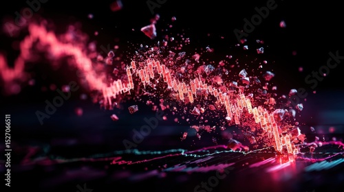 A striking representation of a downward trend in the stock market. The red line graph illustrates falling prices while particles explode around it, highlighting volatility and market challenges.