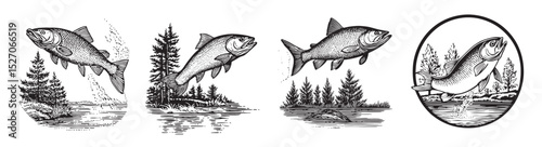 Vintage Illustrations of Fish Jumping Over Water Surrounded by Trees, logo design, engraving design, vector illustration