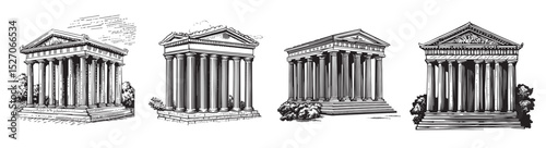 Architectural History of Ancient Greek Temples in Black and White, logo design, engraving design, vector illustration