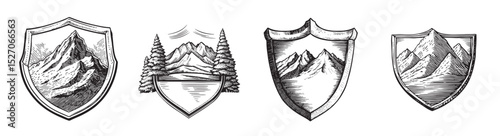 Vintage Mountain Shields Collection with Scenic Landscape Elements, logo design, engraving design, vector illustration