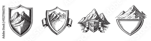 Vintage Mountain Illustration with Shields and Landscape Design Elements, logo design, engraving design, vector illustration
