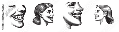 Vintage Illustrations of Smiling Women in Profile View, logo design, engraving design, vector illustration