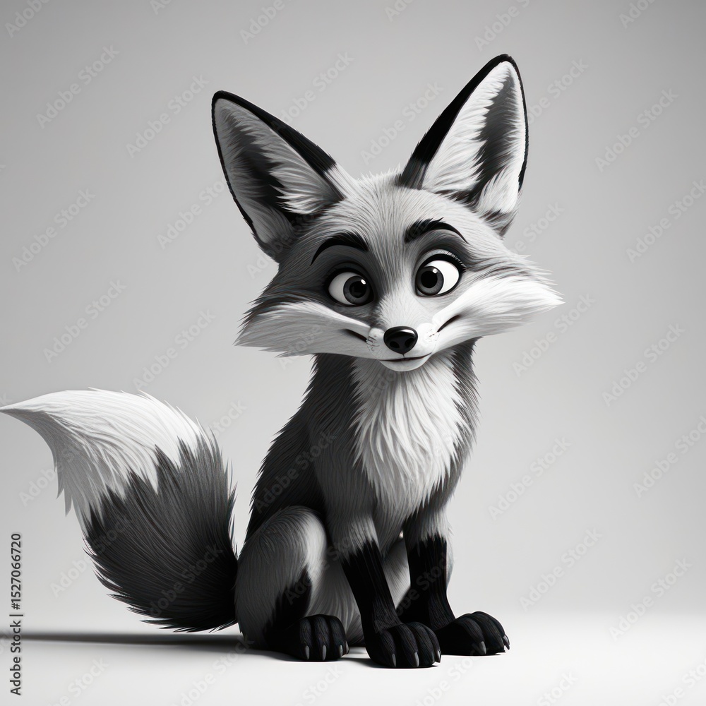 Obraz premium Black and white cartoon fox. Cute, stylized animal portrait, digitally rendered, seated pose, soft fur, large eyes, whimsical expression