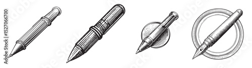 Vintage Pen Illustrations in Varying Designs and Angles, logo design, engraving design, vector illustration
