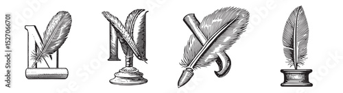 Vintage Ink Pens and Quills with Elegant Letter N Designs, logo design, engraving design, vector illustration
