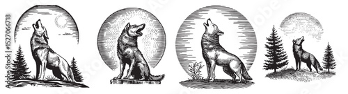 Elegant Illustrations of Howling Wolves in Natural Landscapes, logo design, engraving design, vector illustration