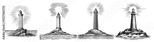 Vintage Style Lighthouse Illustrations with Rays and Rocks, logo design, engraving design, vector illustration