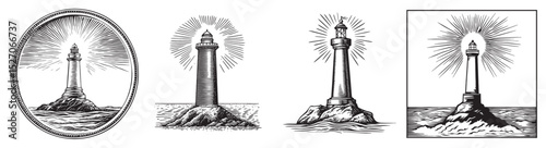 Vintage Lighthouse Illustrations with Rays and Textures in Black and White, logo design, engraving design, vector illustration