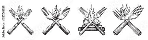 Vintage Illustration of Forks with Flames for Cookout and Barbecue, logo design, engraving design, vector illustration
