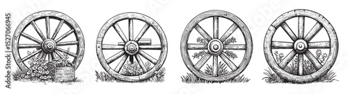 Vintage Wooden Wheels in Various Designs with Floral Accents, logo design, engraving design, vector illustration