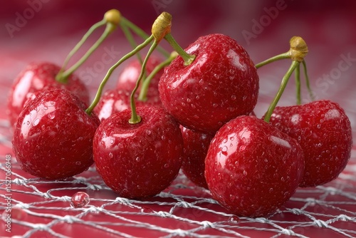 Juicy cherries are arranged closely, their red skins glistening with water droplets. The vibrant colors and textures emphasize their freshness and appeal, creating a tempting visual display.