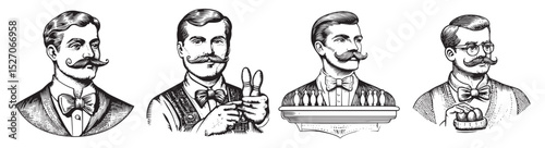 Vintage Men with Mustaches and Bow Ties in Engraved Illustrations, vintage retro hipster logo design, vector illustration, engraving design