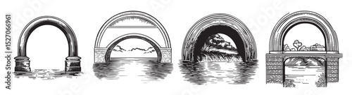 Vintage Illustrations of Arched Bridges Over Water Bodies, vintage retro hipster logo design, vector illustration, engraving design