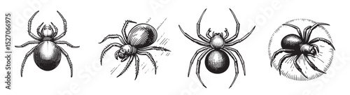 Detailed Vintage Illustrations of Various Spider Species in Line Art, vintage retro hipster logo design, vector illustration, engraving design