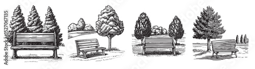 Vintage Sketches of Park Benches Surrounded by Lush Trees, vintage retro hipster logo design, vector illustration, engraving design