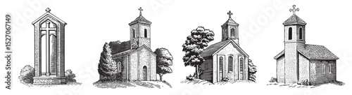 Vintage Architecture Set of Religious Buildings and Shrines, vintage retro hipster logo design, vector illustration, engraving design